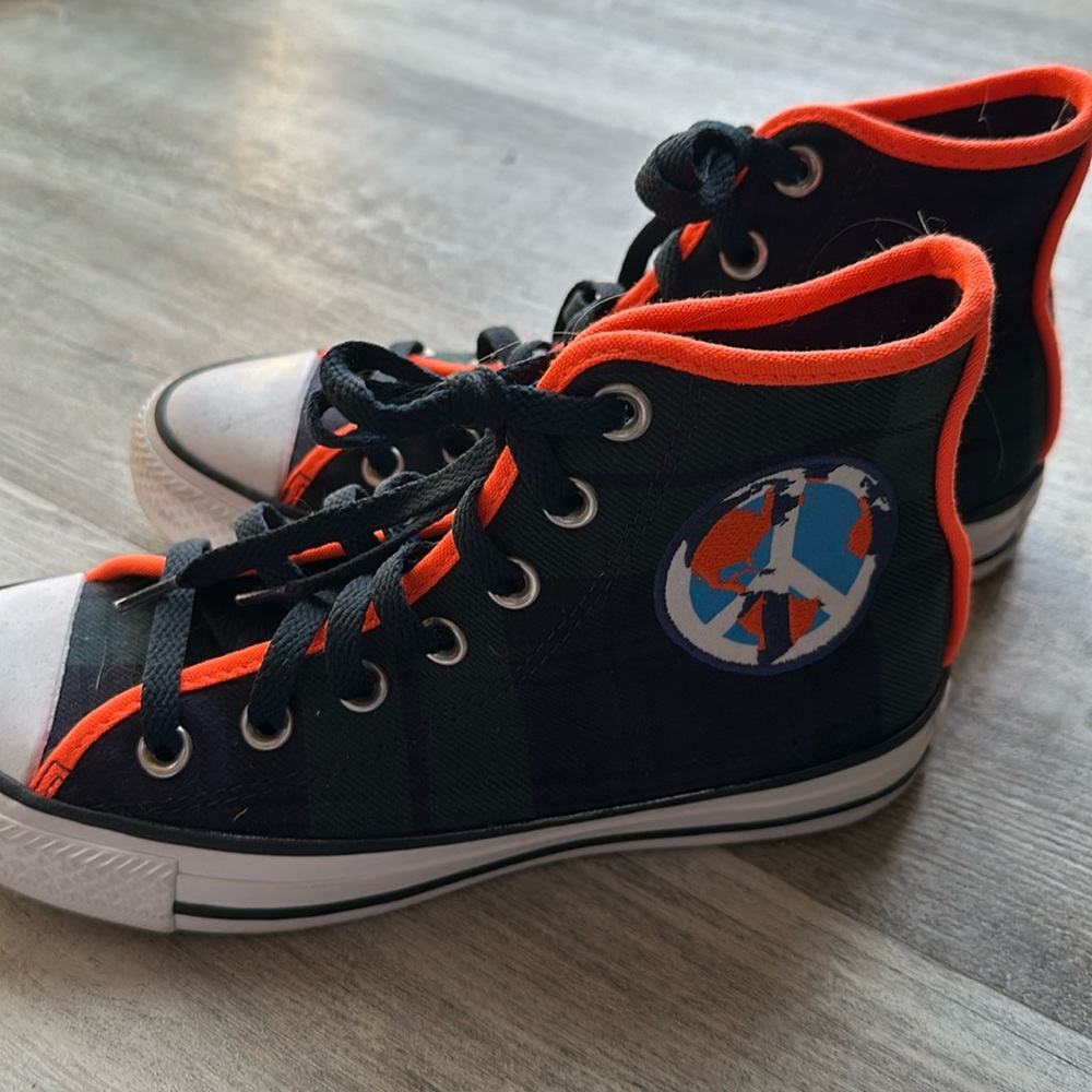 Converse Women’s High Top size US 6 neon blue and green plaid neon orange edging